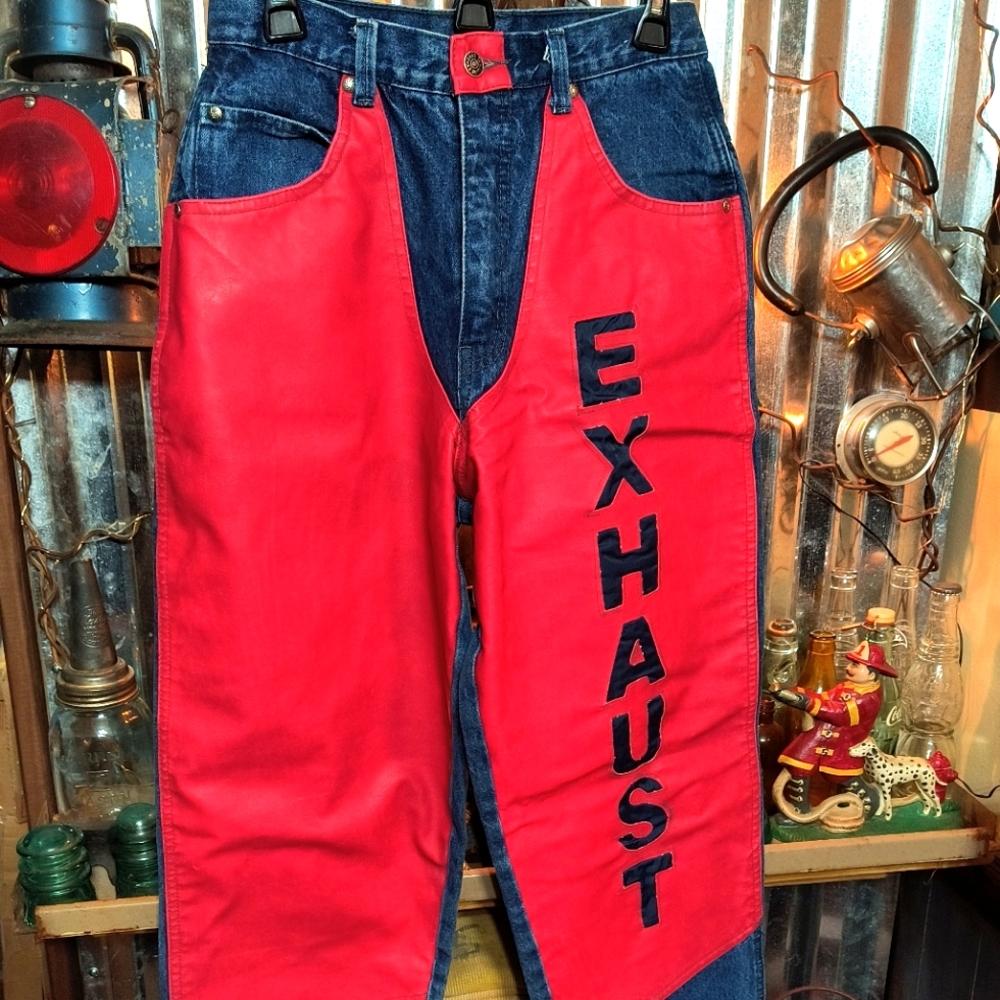 Vintage- Exhaust Two Tone Blue Jeans Red Leather Womens 30W / 31L Hip Hop Rare